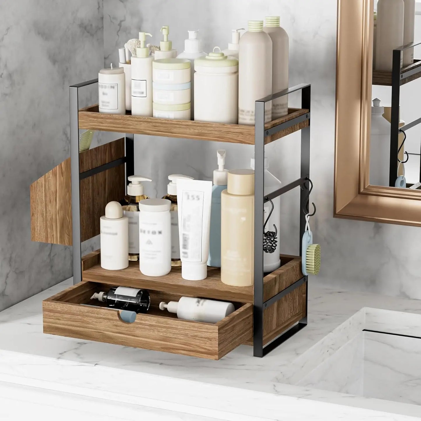 2-Tier Bathroom Counter Organizer with Drawer and Basket, Wood Countertop Organizer for Storage, Skincare Organizers for