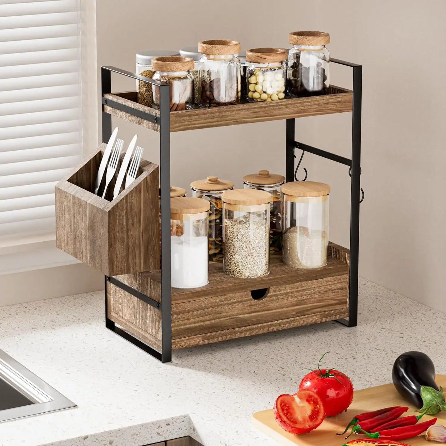2-Tier Bathroom Counter Organizer with Drawer and Basket, Wood Countertop Organizer for Storage, Skincare Organizers for