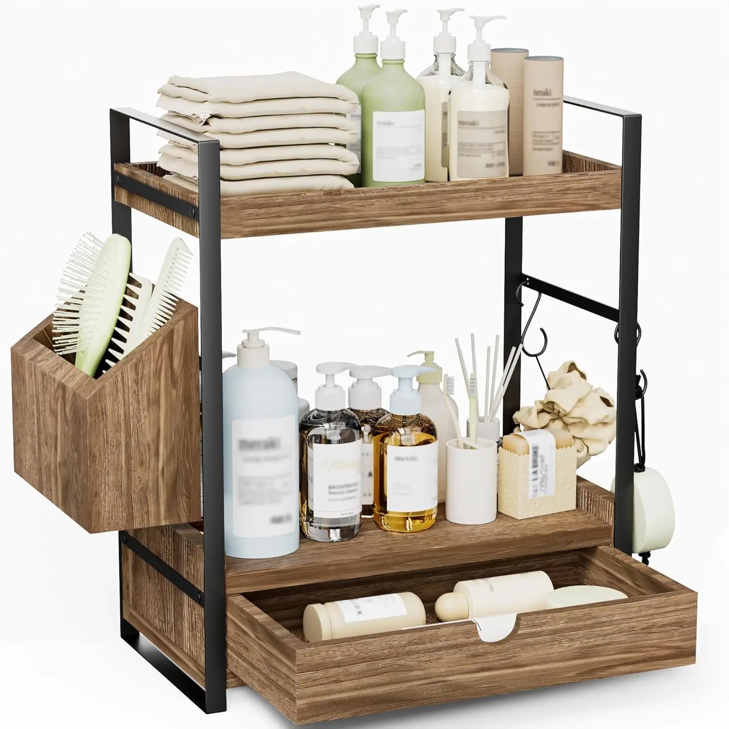 2-Tier Bathroom Counter Organizer with Drawer and Basket, Wood Countertop Organizer for Storage, Skincare Organizers for