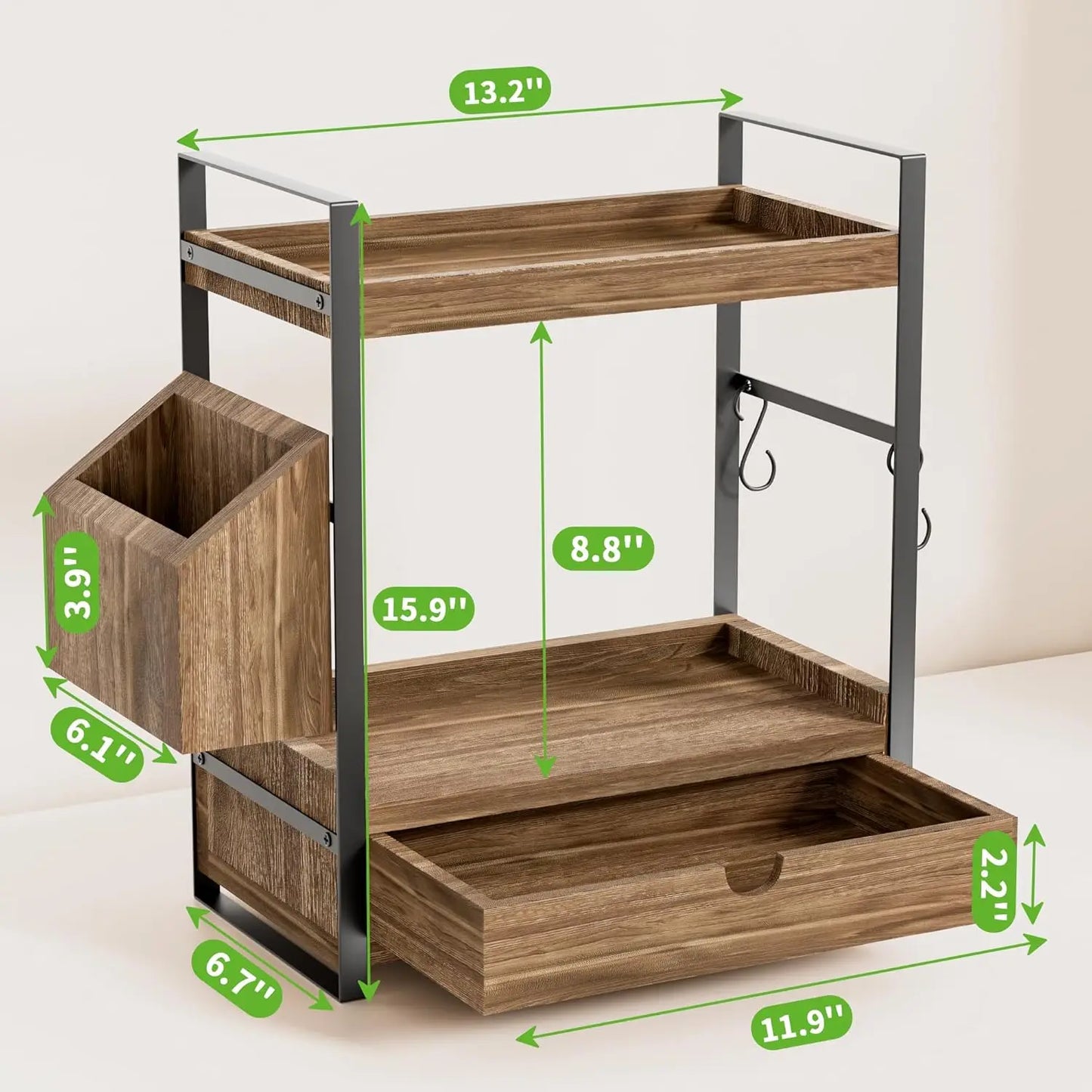 2-Tier Bathroom Counter Organizer with Drawer and Basket, Wood Countertop Organizer for Storage, Skincare Organizers for