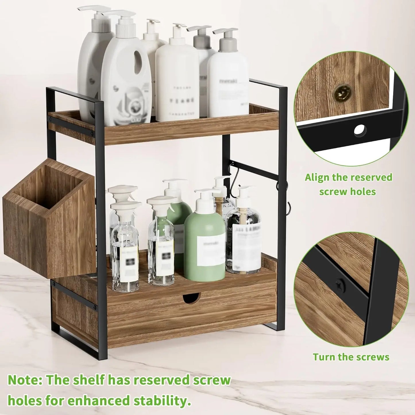 2-Tier Bathroom Counter Organizer with Drawer and Basket, Wood Countertop Organizer for Storage, Skincare Organizers for