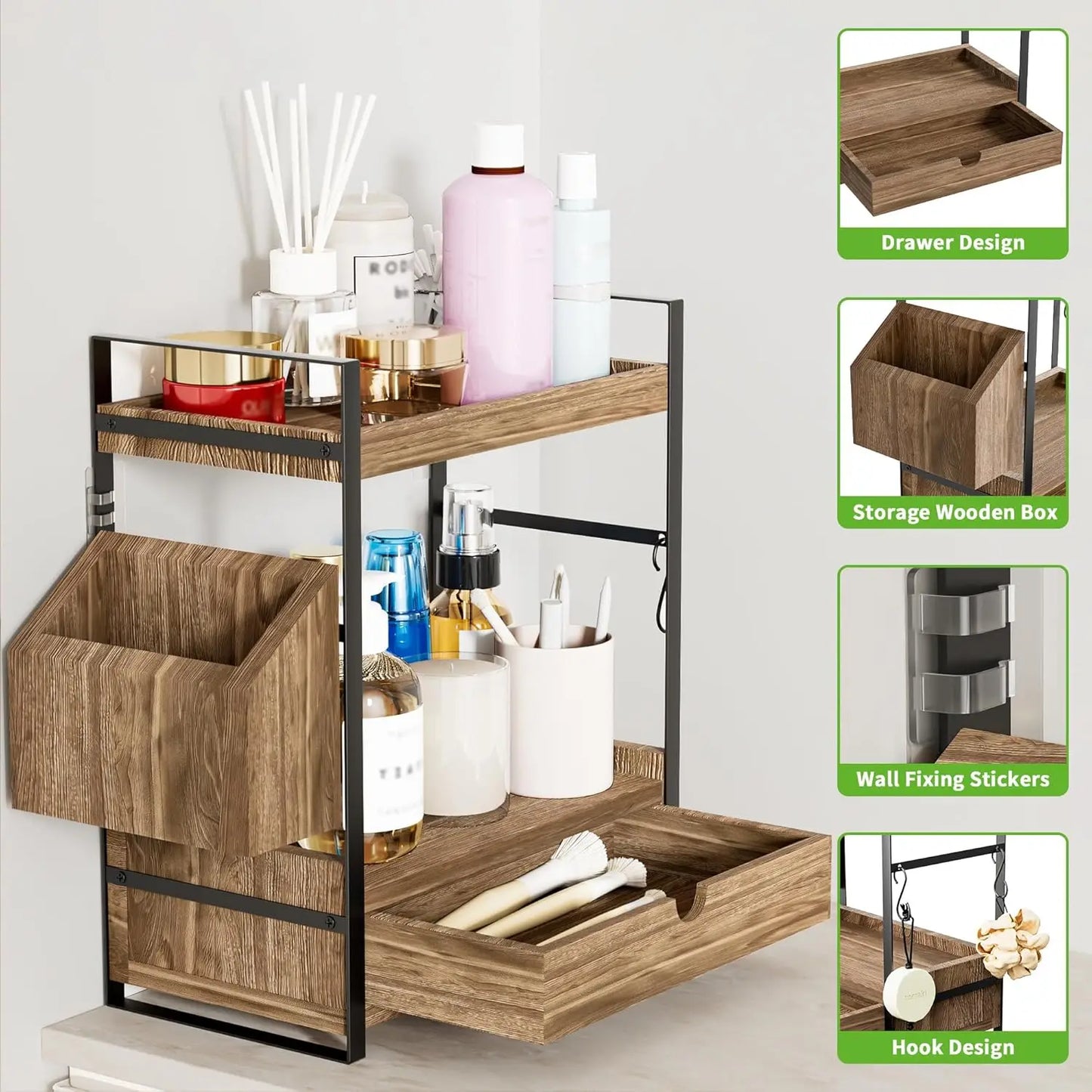 2-Tier Bathroom Counter Organizer with Drawer and Basket, Wood Countertop Organizer for Storage, Skincare Organizers for